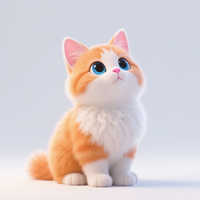 一只橘白相间的小猫，毛发蓬松柔软，耳朵粉嫩，眼睛大而明亮呈蓝色，鼻子粉红，正坐在白色背景前抬头向上看，姿态可爱，画面简洁干净，突出小猫的纯真与灵动。预览效果