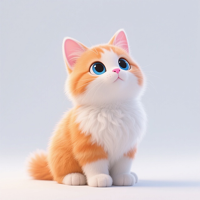一只橘白相间的小猫，毛发蓬松柔软，耳朵粉嫩，眼睛大而明亮呈蓝色，鼻子粉红，正坐在白色背景前抬头向上看，姿态可爱，画面简洁干净，突出小猫的纯真与灵动。