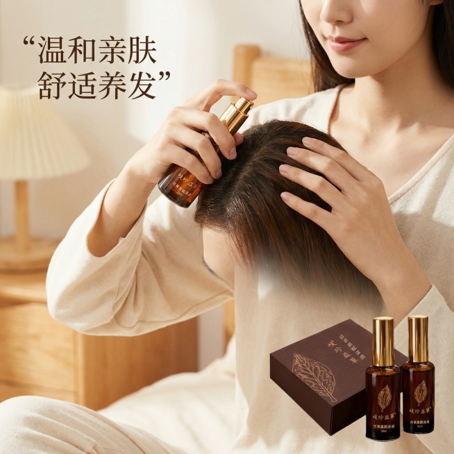 [主图 4 使用体验展示] 亚洲女性模特（亚洲面孔）干净的手部特写，正在使用歧珍益草百草墨靓泽液按摩头皮，模特身着米白色宽松家居服，背景是干净浅原木色卧室背景，柔和自然光，氛围舒适治愈，突出产品使用的预览效果