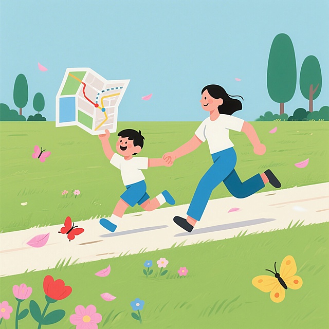 扁平插画风格的户外奔跑场景，简单干净的2D图形，明亮柔和的色彩，充满纯粹的快乐和自由感。画面中，一位妈妈和一个男孩（色块风格人物，无细节五官，仅通过色块和形状表现）正在开阔的草地上从画面右侧向左侧横穿奔跑。妈妈伸出左手拉着男孩的右手，男孩身体微微前倾，领先妈妈半步，脸上洋溢着灿烂的笑容，衣角随风飘起，表现出欢快的动势。道具分配：男孩的左手高高举起一张展开的彩色地图，地图上有简单的路线标记；妈妈空着的手自然摆动，脸上带着温和的微笑看向孩子。背景是开阔的绿色草地，点缀着几朵彩色的小野花。画面中飘落着几片粉色的花瓣，几只蝴蝶在母子俩身边或前方飞舞，增加了画面的灵动感和自然气息。远处有几棵简化的大树和低矮的灌木丛。整体色调以清新的绿色为主，搭配地图的明亮色彩（如红色、蓝色），以及花瓣的粉色和蝴蝶的明黄色，画面充满活力与童趣。采用侧面横穿构图，突出奔跑的动感和亲子间温馨的互动感。