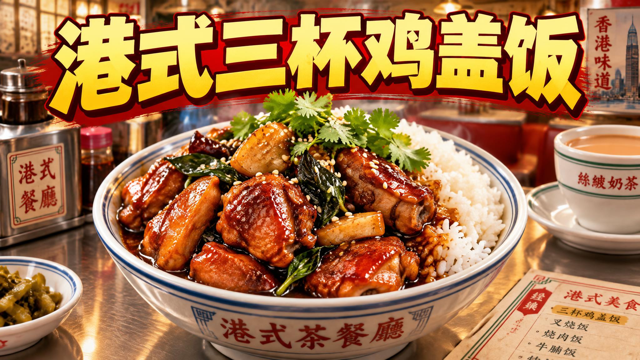 港式三杯鸡盖饭美食海报，画面中央是一碗诱人的三杯鸡盖饭，鸡肉色… - 图片创意预览