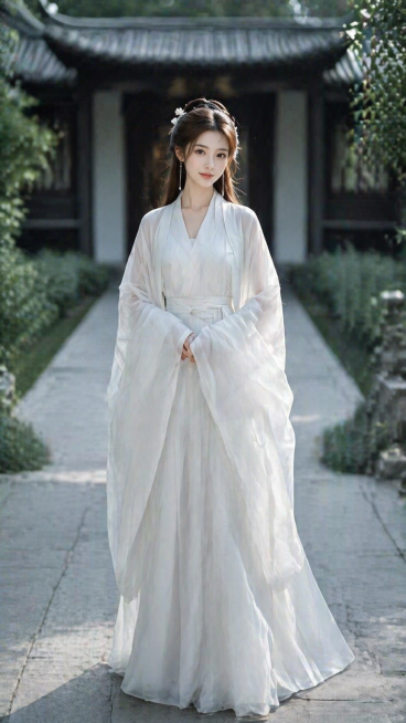 参考第一张图的古风汉服风格，保留第二张图人物的面部特征，换成这张脸，生成全身画面，保持古风园林庭院背景，白色汉服服饰，整体风格和第一张图一致预览效果