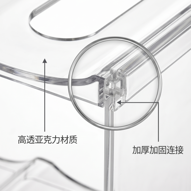 [主图 3] 透明亚克力红酒收纳架材质细节展示图。
[氛围风格] 纯净通透，突出材质质感；
[画质] 商业摄影质感、光线柔和通透、产品清晰真实、画面干净高级。
[元素] 特写展示透明亚克力红酒架的局部预览效果