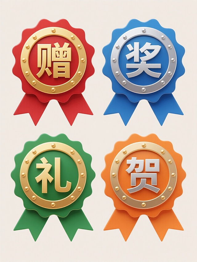 四个同风格不同元素的系列徽章，每个徽章都有波浪形边缘轮廓，边缘内部环绕一圈金色圆点，中心位置有金色立体文字，底部带有对称飘带。第一个徽章为红色底金色"赠"字，第二个为蓝色底银色"奖"字，第三个为绿色底金色"礼"字，第四个为橙色底银色"贺"字，所有徽章规整排列在纯色背景上。