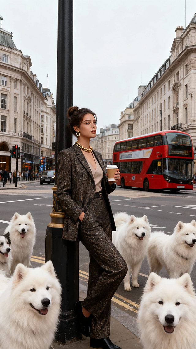 场景为伦敦都市十字路口，欧式建筑林立，街道上有双层巴士穿行。人物身着浅色时尚套装，靠在路灯旁，拿着咖啡。在人的周围放很多萨摩耶。时尚大片感。