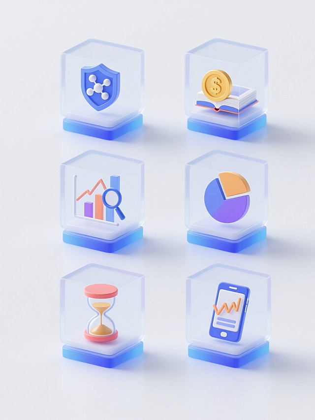 六个不同配色、不同样式、不同材质的UI造型图标，以上下两行三列对齐排列在浅色背景上，每个图标都被半透明的立方体框架包裹，框架底部有蓝色的渐变阴影，整体呈现出简洁现代的数字界面设计风格，图标内部包含分子结构、盾牌与金币、书本、柱状图表、放大镜与折线图、饼状图表、沙漏、K线图、手机界面等不同功能符号，色彩搭配明快，光影效果柔和，具有清晰的视觉层次和科技感。