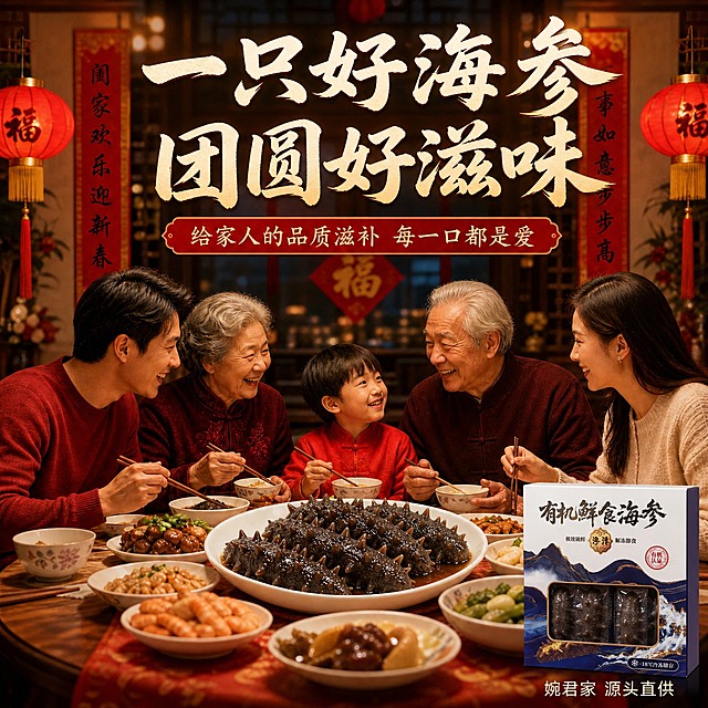 1. 主标题更新为"一只好海参 团圆好滋味"，保持原温暖有力量的字体样式、大小和顶部位置不变；2. 画面中央餐桌上的海参，替换为真实礼盒装海参的外观样式，盘中海参的颜色、刺型、表面纹理与用户提供的真实海参一致：深褐色带密集小颗粒凸起、粗壮圆锥状肉刺挺拔、表面油亮有光泽；3. 画面右下角添加产品礼盒小图，礼盒外观为白色盒面蓝金海浪图案、有机鲜食海参标题、开窗可见内部真空包装，与用户之前的礼盒包装一致；4. 家庭团聚场景、暖黄灯光、中式餐厅背景、副标题文字等其余元素保持原样不动。