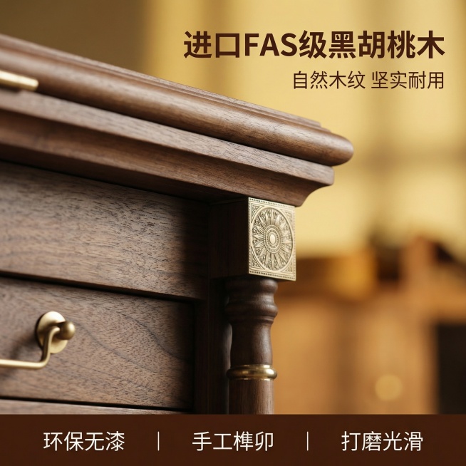 [主图 3] 材质工艺细节图
[主图主题] 甄选胡桃木 实木工艺
[氛围/风格] 简约中式风格，保持与整套主图一致的暖调自然光、统一色温
[画面元素] 使用上传的新细节图作为主体，全屏展示胡桃木柜子木预览效果