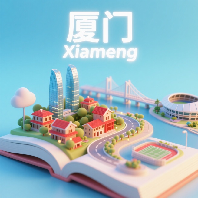 一本打开的书籍，书是打开的，书上是厦门城市景观微缩模型，有厦门的鼓浪屿，双子塔，环岛路，厦门大桥，园博苑风景，体育中心，上方有中文“厦门”和英文“Xiameng”，整体画面生动，色调温暖明快，充满活力预览效果