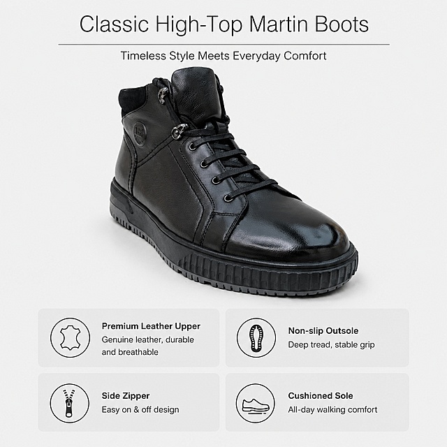 [第1屏] 本屏功能定义：Classic High-Top Martin Boots Classic black leather high-top martin boots core selling points showcase page. This screen uses [image1], [image2], [image3] as product detail sources.  
[Title版式] Minimalist sans-serif font, title at top center, thin gray dividing line under title, light weight main title, medium weight subtitles, uniform spacing, clean layout, no extra decoration.  
[氛围/风格] Minimalist high-end commercial style, true product texture, low-saturation tone, clean and professional cross-border e-commerce detail page style.  
[元素布局] Place the complete product on the upper half, accounting for about 60% of the screen, keep the product shape, leather texture, color consistent with the input image. Below the product, arrange four selling point information cards in a 2×2 grid, each card has a small icon + a selling point title + a short description. The product structure, leather texture, sole texture and side zipper must be consistent with the input image.  
[光影质感] Soft top lighting, natural soft projection under the product, clear leather texture detail performance, soft contrast.  
[配色色系] Global background #f0f0f0, main color black leather, auxiliary color dark gray text, light gray card background.  
[视角构图] Product front 45° oblique view, product as the center, reading path from top title → product → bottom selling point cards.  
[文字版式] Main title at top: "Classic High-Top Martin Boots", subtitle: "Timeless Style Meets Everyday Comfort". Four selling points: 1. "Premium Leather Upper", "Genuine leather, durable and breathable"; 2. "Non-slip Outsole", "Deep tread, stable grip"; 3. "Side Zipper", "Easy on & off design"; 4. "Cushioned Sole", "All-day walking comfort". Text does not cover the main product, text size is moderate and clear.  
[比例分辨率] 1:1 square ratio, 4K resolution, clear text, HD quality.  
[负向提示词] Deformed shoe shape, missing parts, wrong color, blurry product, messy background, text confusion, Chinese characters, absolute advertising words.