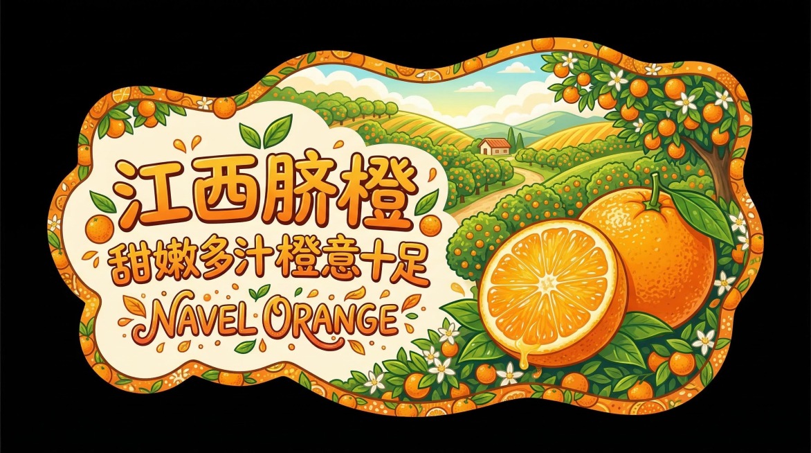 异形牌整体造型为起伏的橙子果园与点缀的橙花。画面右侧叠放一颗圆润饱满的脐橙与一瓣切开的橙肉，果粒晶莹，汁水充盈。左侧拙趣手写风格文字："江西脐橙"；第二行字："甜嫩多汁橙意十足"，装饰性英文："NAV预览效果