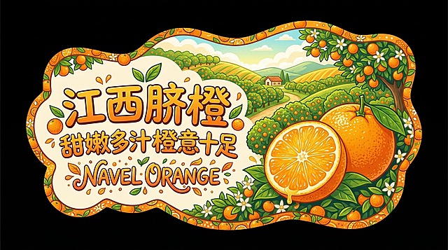 异形牌整体造型为起伏的橙子果园与点缀的橙花。画面右侧叠放一颗圆润饱满的脐橙与一瓣切开的橙肉，果粒晶莹，汁水充盈。左侧拙趣手写风格文字："江西脐橙"；第二行字："甜嫩多汁橙意十足"，装饰性英文："NAVEL ORANGE"，字体外围点缀细密果粒与橙叶插画。色彩明亮，以橙色、绿色为主，高饱和度，呈现鲜活感，大师级画面排版，Q版矢量插画风格，异形牌背景为纯黑色。