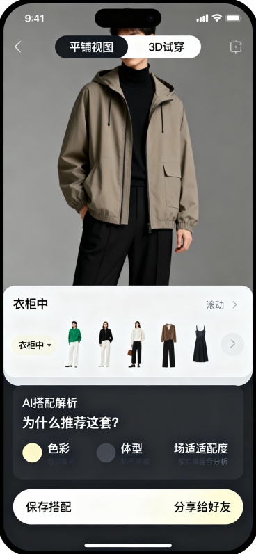 图7：穿搭详情页
文案：点击穿搭卡片后的详情页，分三部分：

顶部：穿搭整体展示（可切换3D虚拟试穿视图）

中部：单品列表，每件可点击查看详情和类似单品

底部：AI搭配解析：“为什么推荐这套？”（预览效果