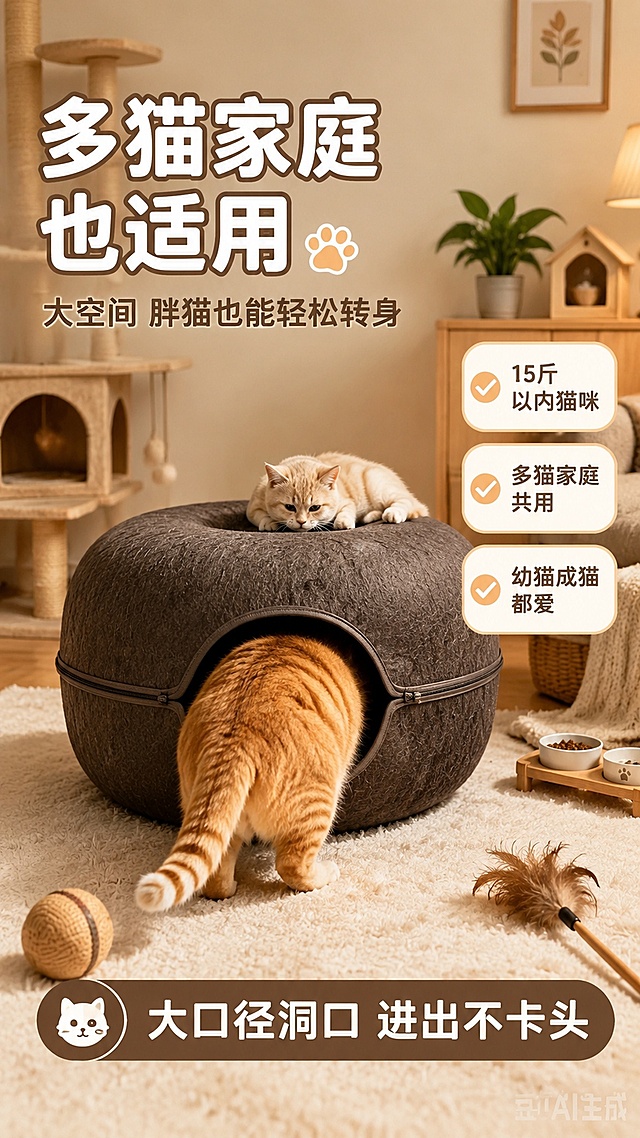 [第13屏] 适用对象屏-多猫家庭/不同体型猫咪适配说明。本屏使用【图1】深棕色猫窝作为场景主体。
[氛围/风格] 温馨多猫家庭风，场景化展示，生活方式摄影感，亲切治愈。
[元素布局] 深棕色甜甜圈猫窝放在客厅地毯中央，占比约40%；两只猫咪围绕猫窝互动：一只胖橘猫正从洞口钻进，一只小奶猫趴在猫窝顶部休息；背景有猫爬架、食碗、逗猫棒等猫咪用品，营造多猫家庭氛围；猫窝结构、颜色、材质与输入图深棕款一致。
[光影质感] 顶部暖光柔光照明，整体明亮温馨，猫毛和毛毡质感清晰，阴影柔和自然。
[配色色系] 全局底色 #FAF5EE（暖奶白）；主色深棕猫窝+橘猫奶猫暖色调；辅助色暖木色猫爬架、浅绿植物、米白地毯。
[视角构图] 正面微俯视，中心构图，猫窝和多只猫咪为视觉焦点，阅读动线左上标题→中心场景→右侧适配说明。
[文字版式] 左上主标题「多猫家庭也适用」，副标题「大空间 胖猫也能轻松转身」；右侧竖排3个圆角适配标签：「✓ 15斤以内猫咪」「✓ 多猫家庭共用」「✓ 幼猫成猫都爱」；底部信息条「大口径洞口 进出不卡头」；圆润软萌字体，清晰不遮挡主体。
[比例分辨率] 9:16竖版比例，2K分辨率，文字清晰可辨，高清画质。
[负向提示词] 猫窝变形，猫咪畸形，颜色偏差，水印，文字错乱，产品模糊，背景杂乱。