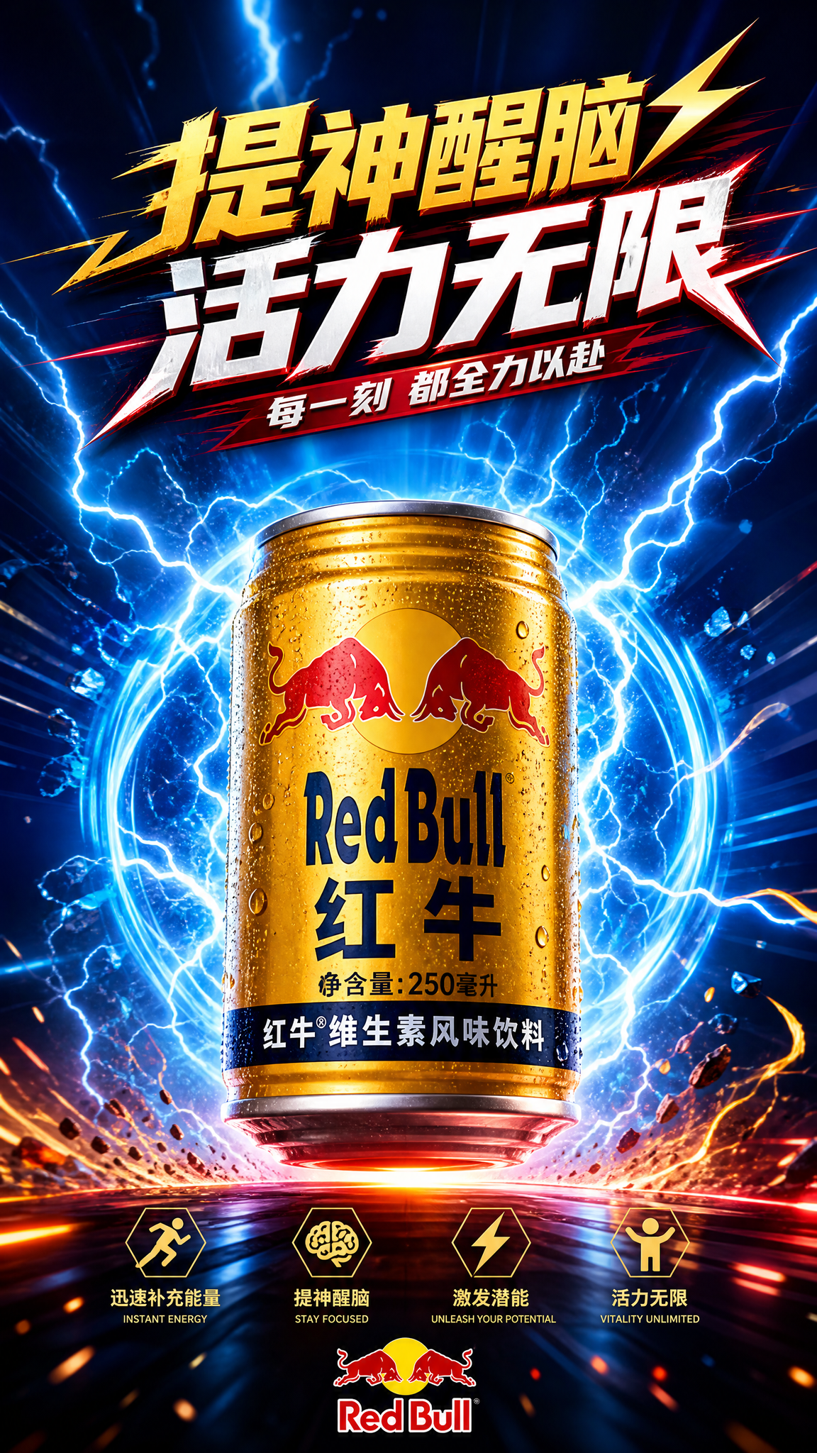 红牛饮料竖版banner广告，画面中央是一罐红牛能量饮料，罐体… - 图片创意预览