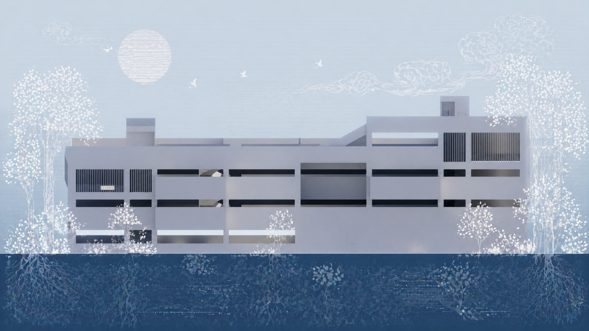 生成一张极具表现力的建筑立面拼贴插画，将图片色彩控制在雾蓝色、浅灰蓝色、白色、蓝灰线稿之内，不改变原图大小，让建筑与环境融合，营造出生态、环保且充满生机的氛围。背景处理带有浓厚的插画质感，建筑底部用深预览效果