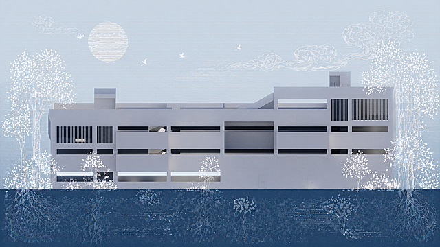 生成一张极具表现力的建筑立面拼贴插画，将图片色彩控制在雾蓝色、浅灰蓝色、白色、蓝灰线稿之内，不改变原图大小，让建筑与环境融合，营造出生态、环保且充满生机的氛围。背景处理带有浓厚的插画质感，建筑底部用深蓝色表示土壤，保持正视角无透视，天空部分铺陈着淡淡的水平线条纹理，并点缀着具有东方韵味的线条化祥云图案与简约的太阳几何图形。建筑周围环绕着风格化的白色线稿树木，呈现出半透明或剪纸般的矢量艺术效果。整体视觉风格干净利落，类似于矢量图，强调图形设计感与叙事性，完美平衡了技术图纸的精确性与艺术插画的写意感
