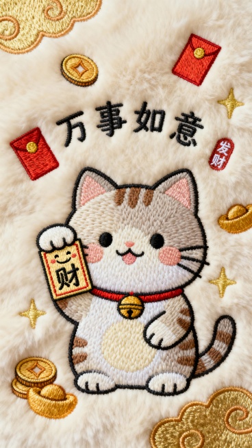 一幅以发财为主题的毛绒质感刺绣壁纸，整体采用米白色毛绒布料为背景，一只可爱的卡通招财猫举着一张小而简单的财富符。符咒上有一个笑脸和"财"字。猫咪正在挥爪，周围漂浮着金币和红包。蜡笔色彩 palette预览效果