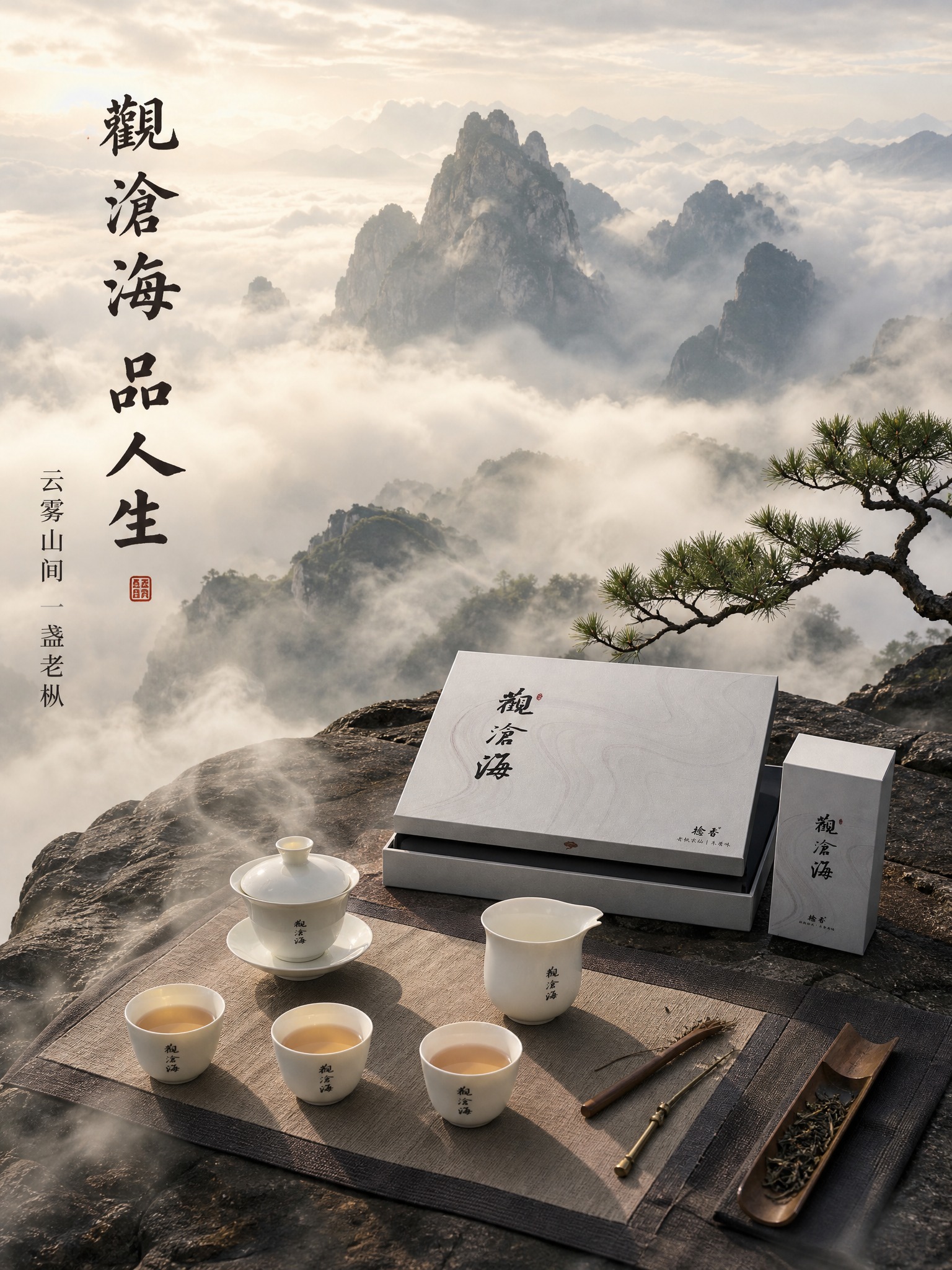 [主图-4] 观沧海老枞水仙木质味岩茶礼盒 品茶场景 山巅云雾… - 图片创意预览