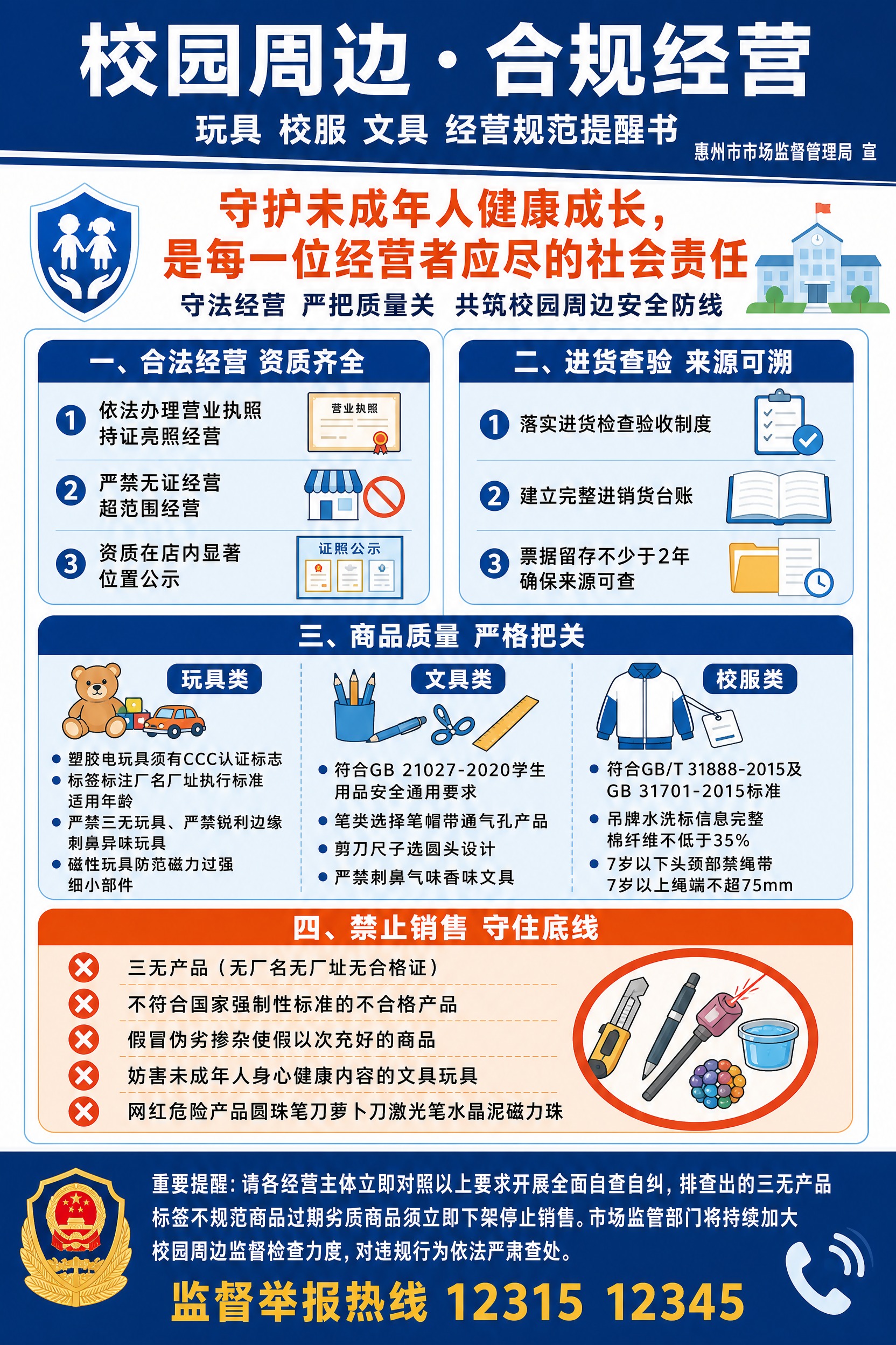 一张官方正式风格的校园周边合规经营提醒海报，竖版A4比例(2:… - 图片创意预览