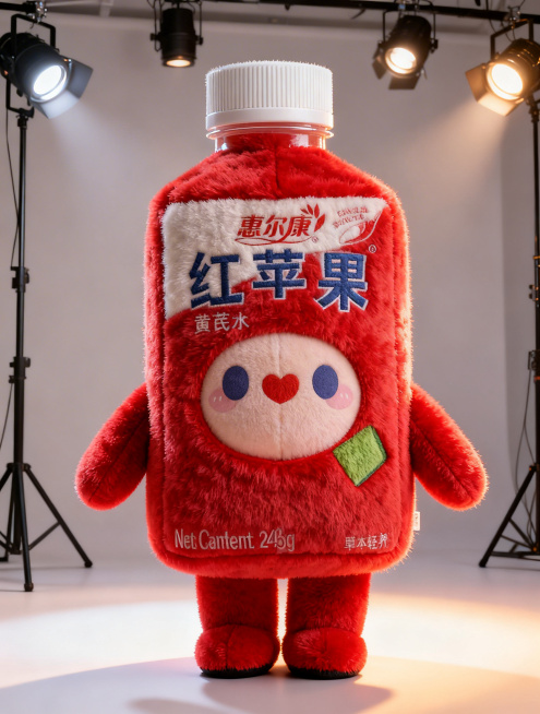 以参考图一的玩偶服造型为基准，玩偶服整体外形参考图二饮料瓶的形状，将饮料瓶包装上的文字和图案元素都设计到毛绒玩偶服上，整体可爱，保持毛绒质感，惠尔康品牌，红苹果黄芪水植物饮料主题预览效果