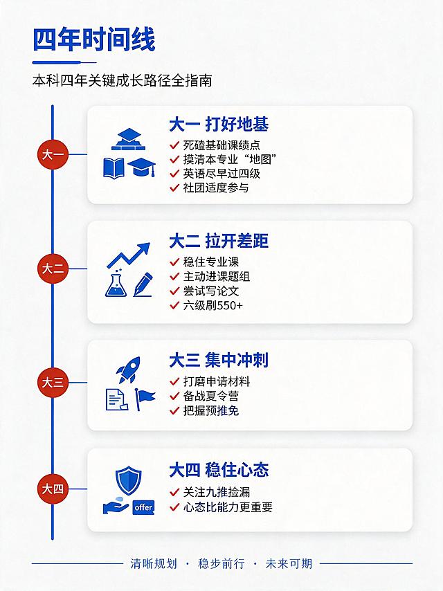 [第2屏] 四年时间线干货详情页，教育内容页。
[氛围/风格] 清晰干货时间轴排版，条理分明，专业可信。
[元素布局] 顶部标题区，下方竖向时间轴排列四个年级节点，每个节点带圆形标记，模块间距均匀，重点文字加粗异色高亮，预留足够呼吸感。
[光影质感] 整体均匀打光，模块分割清晰，文字与背景对比分明，可读性强。
[配色色系] 全局底色白色，主色#0044c7做时间轴和标题高亮，副色#c3lel4做节点标记和点缀。
[视角构图] 竖式全屏排版，从上到下依次阅读。
[文字版式] 主标题「四年时间线」加粗置顶，四个节点：大一**打好地基**——死磕基础课绩点、摸清本专业"地图"、英语尽早过四级、社团适度参与；大二**拉开差距**——稳住专业课、主动进课题组、尝试写论文、六级刷550+；大三**集中冲刺**——打磨申请材料、备战夏令营、把握预推免；大四**稳住心态**——关注九推捡漏、心态比能力更重要。关键词加粗，深蓝色高亮。
[比例分辨率] 3:4竖版比例，2K分辨率，文字清晰可辨，高清画质。
[负向提示词] 文字错乱，文字过小，颜色偏差，水印，背景杂乱。