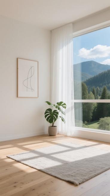 极简主义室内场景，柔和的米白色墙壁，浅橡木色木地板，光线明亮通透，来自右侧大窗户的自然光在地面投射出清晰的光影条纹，窗前垂落着质地轻盈的白色半透明长窗帘，地面铺有一块纹理细腻的浅灰色亚麻质地地毯，右侧墙角摆放着一盆叶片舒展的绿色观叶植物，墙上挂着一幅简约风格的线条装饰画，窗外是宁静的山林景色，天空湛蓝，飘着几朵白云，整体氛围宁静、舒适、自然，具有北欧简约设计感，细节精致，色彩柔和统一。预览效果