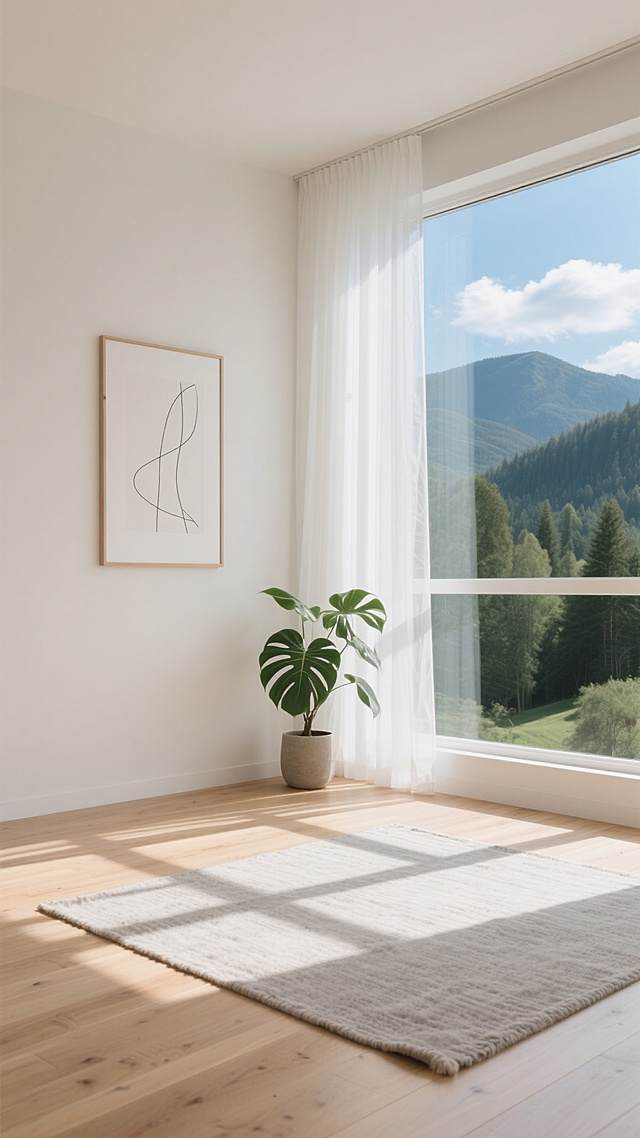 极简主义室内场景，柔和的米白色墙壁，浅橡木色木地板，光线明亮通透，来自右侧大窗户的自然光在地面投射出清晰的光影条纹，窗前垂落着质地轻盈的白色半透明长窗帘，地面铺有一块纹理细腻的浅灰色亚麻质地地毯，右侧墙角摆放着一盆叶片舒展的绿色观叶植物，墙上挂着一幅简约风格的线条装饰画，窗外是宁静的山林景色，天空湛蓝，飘着几朵白云，整体氛围宁静、舒适、自然，具有北欧简约设计感，细节精致，色彩柔和统一。