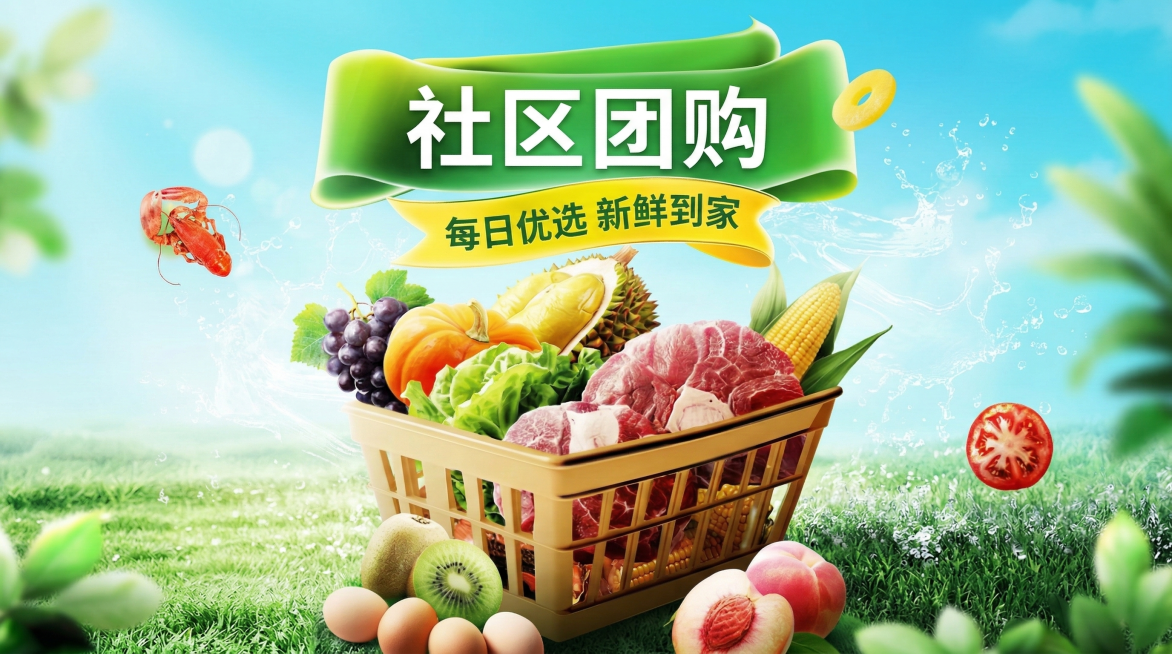 将海报主标题“特惠团购日”修改为“社区团购”，副标题修改为“每日优选 新鲜到家”，删除顶部的“稿定”标识、YOUR LOGO、右上角“稿定生鲜”文字，删除底部显示不全的文字，保留原有生鲜食材、购物篮等预览效果
