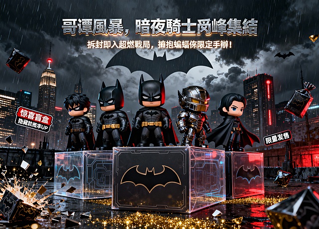 核心主题：蝙蝠侠盲盒宣传海报
主标题：哥谭風暴，暗夜騎士巔峰集結
副标题：拆封即入超燃戰局，擁抱蝙蝠俠限定手辦！
画面元素要求
 
1. 视觉核心：居中放置3-4款不同造型的蝙蝠侠盲盒手办（包含经典战衣款、暗夜潜行款、装甲款、披风飘逸款），手办下方叠加半透明的盲盒包装盒轮廓，盒面印有蝙蝠侠标志性蝙蝠LOGO，突出盲盒属性。
2. 背景氛围：以哥谭市雨夜天际线为基底，高楼霓虹闪烁，蝙蝠信号灯划破暗沉夜空，云层中隐约透出蝙蝠剪影，整体色调以暗黑系为主，点缀金色、红色高光，营造神秘超燃的战斗氛围。
3. 盲盒专属元素：画面角落添加「惊喜盲盒」「隐藏款概率UP」「限量发售」等醒目标签，搭配炸开的盲盒包装碎片、金色闪光特效，强化拆盒的惊喜感。
4. 文字排版：主标题采用硬朗的金属质感字体，副标题用更轻盈的科技风字体，两者都添加轻微的发光效果，确保在深色背景上清晰醒目。
尺寸要求
分别输出三个尺寸的高清海报：12001200px、1200862px、960*1200px
风格调性：暗黑酷炫、热血燃系，兼具盲盒的趣味感与蝙蝠侠的英雄气场