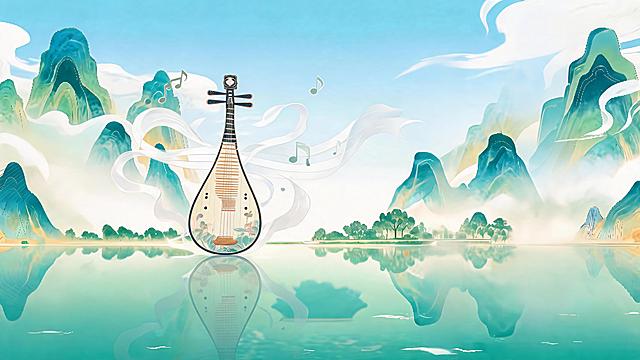 去除图中所有建筑（东方明珠、南浦大桥、上海中心、古亭等），仅保留层叠山峦、镜面水面、云雾与树木背景；在画面中央或左侧显著位置添加一把艺术化风格的琵琶，采用工笔+水墨晕染手法绘制，琵琶可悬浮于水面之上或置于山石间，搭配飘动丝带与音符元素，保持宋代美学与超现实主义风格，淡蓝天空、绿意水面、浅暖山色，画面精致震撼、层次丰富、典雅活泼，不出现文字、数字、英文