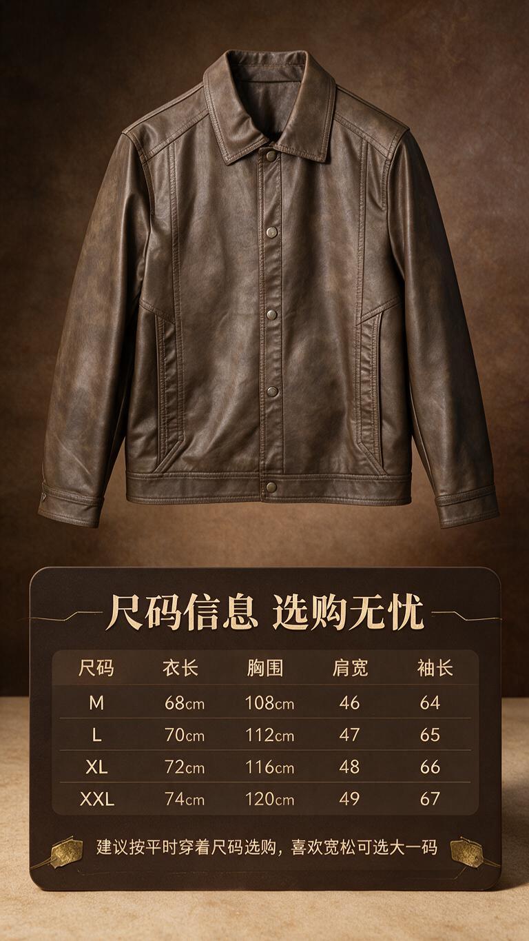 [商品] 使用【图1】复古棕色翻领排扣PU皮夹克；商品处理：保… - 图片创意预览