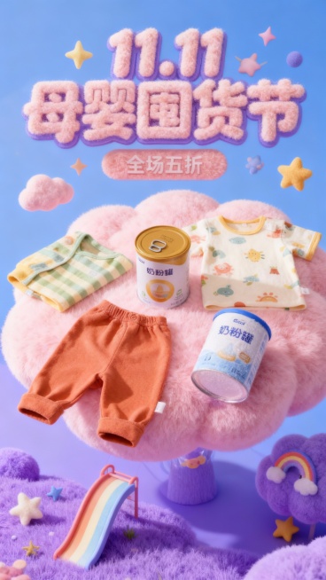 放大的物品悬浮或摆放在巨大的3D粉色毛绒云朵上，背景大字标题“11.11 母婴囤货节”毛绒艺术大字位于画面上方，毛绒小字标签“全场五折”位于标题下方，毛绒可爱元素装饰（星星、彩虹滑梯），轻微俯视镜头，预览效果