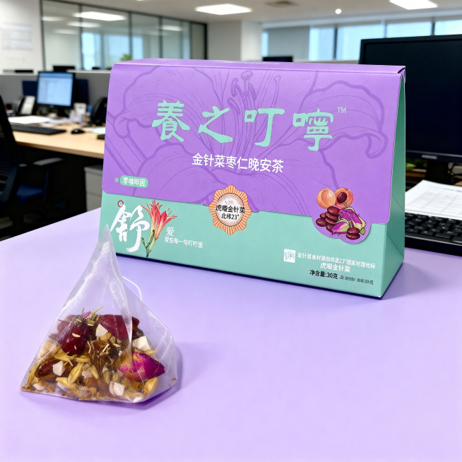商品场景图，养之叮咛·金针菜枣仁晚安茶包装盒搭配透明三角茶包，展示所有真实食材配料，放置在干净浅紫色背景的行政办公区桌面，简约手绘线条搭配干净实景，突出虎噉地标金针菜卖点，轻养生松弛氛围，1:1构图，预览效果