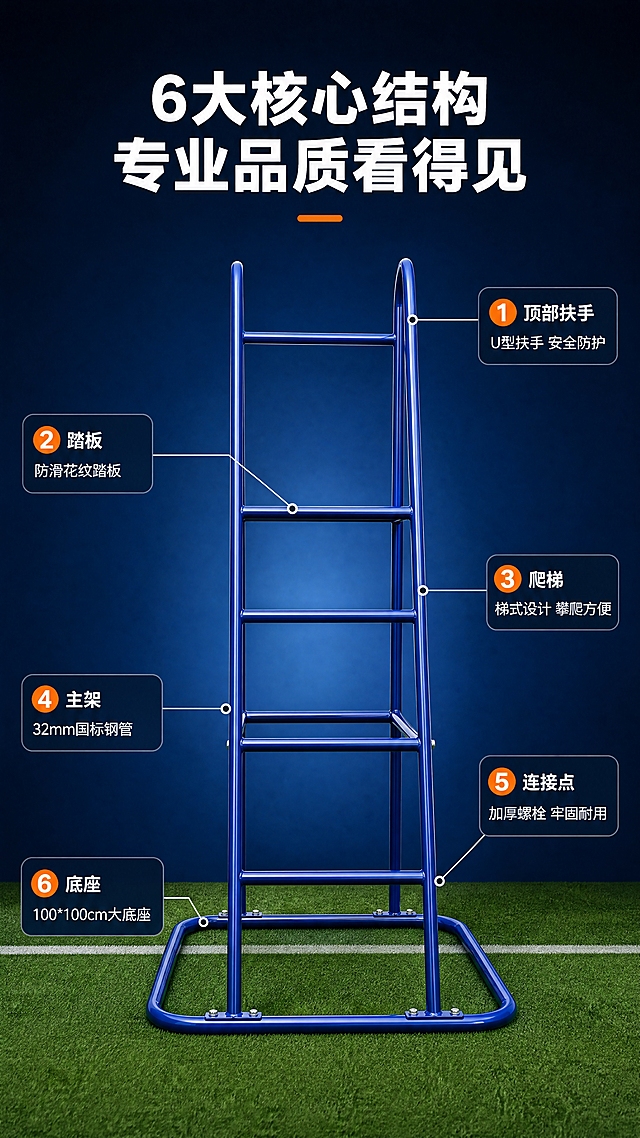 [商品] 使用【图4】站立式蓝色裁判椅正面视角；保留正面完整结构、32mm圆管、蓝色涂装、爬梯横杆、方形底座、顶部扶手的比例和形态；增强漆面质感，不改变产品结构。
[画面] 目标：结构解析页，引线标注关键部件。构图：产品居中占画面65%，四周引线向外延伸标注。景别：全景正面。信息载体：白色细线引线+圆角信息卡，分布在产品左右两侧。背景：深蓝渐变底色，底部有绿色运动场草坪条带。
[视觉] 套系策略：风格=运动场馆工业风商业摄影；标题字=粗黑体（思源黑体Heavy）；正文字=常规黑体（思源黑体Regular）；主色=深海蓝；背景延展=深海蓝径向渐变，中心亮四周暗；强调色=荧光橙；标题色=白色；正文色=浅灰/白色；组件=细线引线、圆角深蓝信息卡、橙色编号圆点；光影=正面均匀布光，结构清晰可见。
[文字] 顶部主标题"6大核心结构 专业品质看得见"。6处引线标注：1.顶部扶手"U型扶手 安全防护"，2.踏板"防滑花纹踏板"，3.爬梯"梯式设计 攀爬方便"，4.主架"32mm国标钢管"，5.连接点"加厚螺栓 牢固耐用"，6.底座"100*100cm大底座"。文字在产品两侧，不遮挡主体。所有文字横排。
[规格] 图片比例9:16竖版，4K，负向提示：避免变形、错字、文字过小、引线混乱、产品结构缺失、颜色偏差。