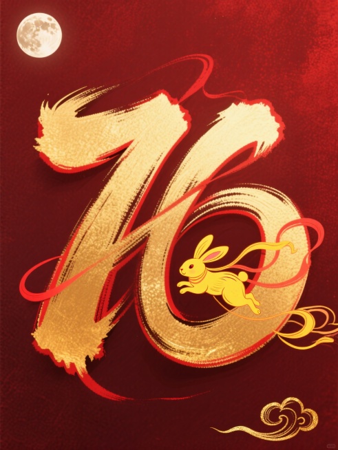 金色手绘立体数字 “76”，笔触自然流畅带有毛笔晕染质感，数字边缘有细微红色描边，内部填充黄色手绘兔子，嫦娥奔月的既视感。背景采用深红色磨砂质感，左上角是月亮，右下角点缀少量金色祥云图案。预览效果