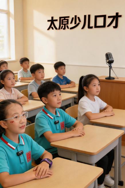 生成太原少儿口才课堂全景图，暖色调自然光，干净简约教室，少年们坐姿整齐认真上课，氛围感治愈写实，无过度美颜，4K超清，适配抖音图文，本地教育实景风格，画面通透柔和预览效果
