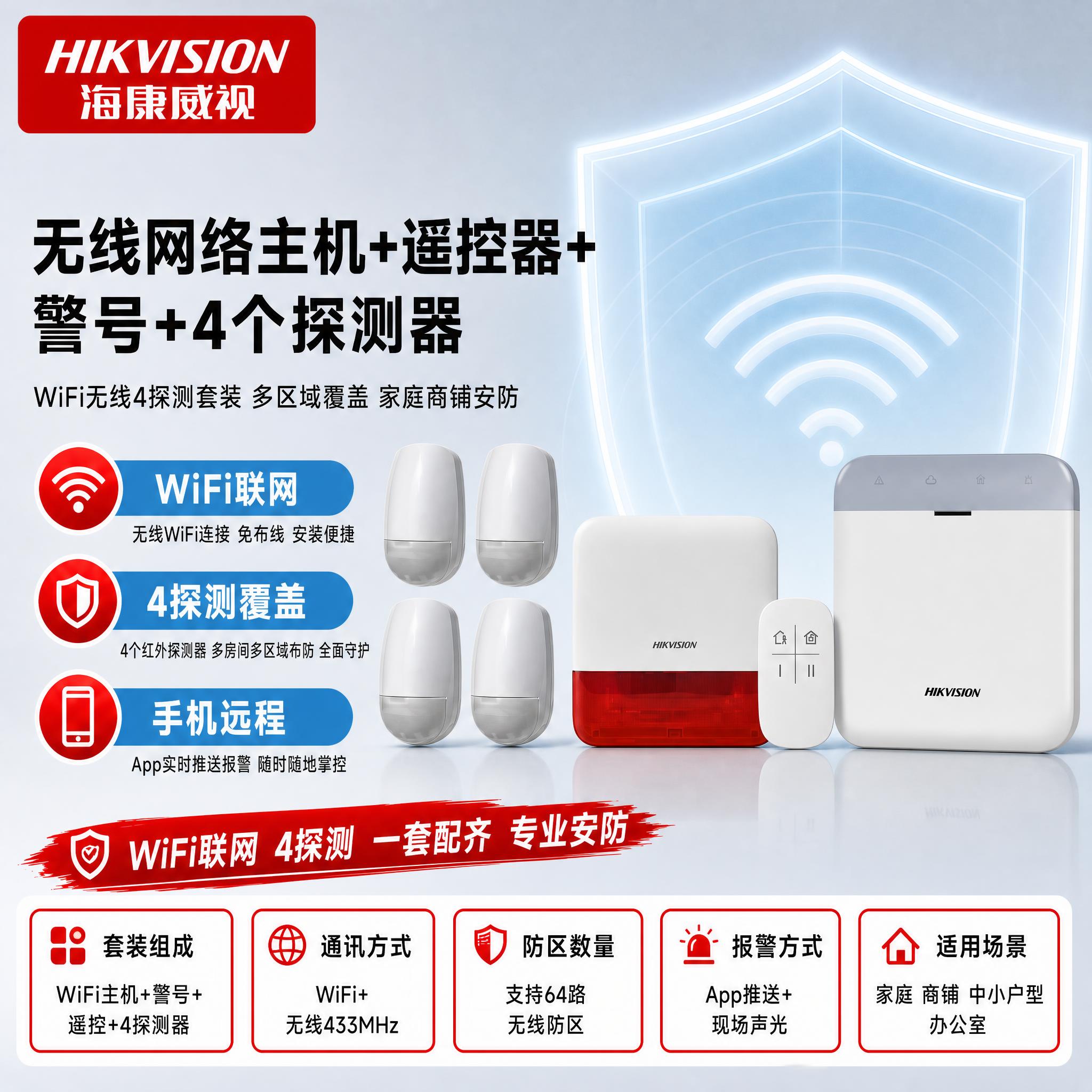 [主图-1] 无线网络主机+遥控器+警号+4个探测器 套装。使… - 图片创意预览