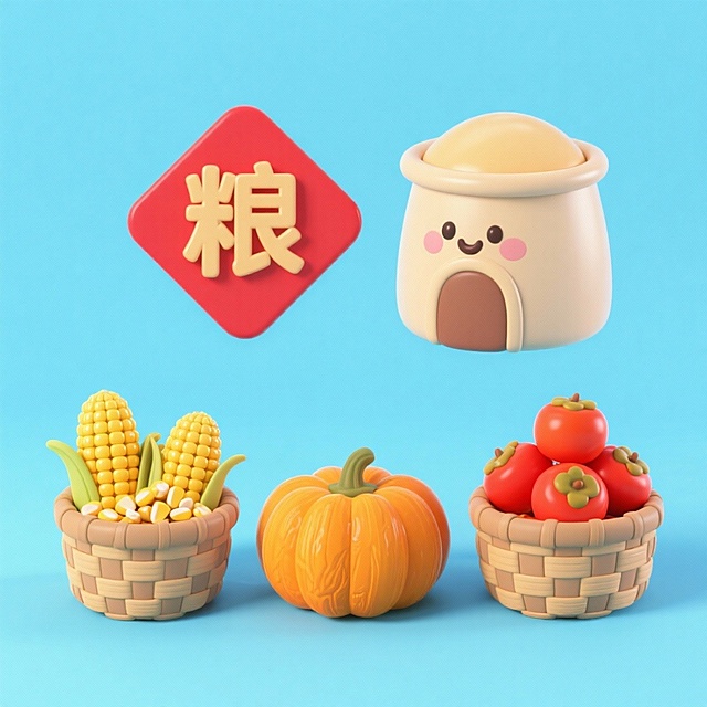 4个中秋素材组合，可爱电商促销感。素材包括：第一个粮仓（贴着带有 “粮” 字的红色菱形福字）；第二个一筐玉米；第三个一筐柿子；第四个南瓜。画面整体呈现鲜艳效果，淡蓝色背景。上下两行，排列整齐