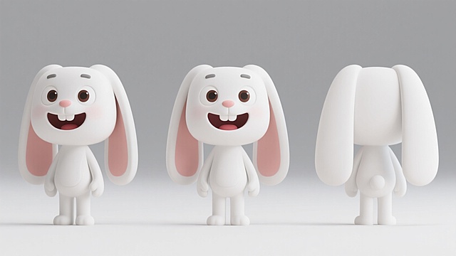 软3D风格的可爱兔子，拟人化设计，卡通感十足，呈现多角度视图，整体简洁温馨，适合节日IP形象应用。