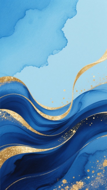 竖版抽象流体艺术背景，以渐变的蓝色系为主色调，从顶部的淡蓝、天蓝过渡到底部的深海蓝，营造出宁静而深邃的氛围。画面下方有流动感极强的深蓝色波浪形态，线条柔和顺滑，富有动感。一条金色的流体曲线如丝带般蜿蜒穿梭于蓝色波浪之间，金色线条边缘带有细腻的金色闪光和飞溅的金色小点，增添华丽与灵动。整体风格采用水彩与流体艺术的融合技法，色彩过渡自然柔和，带有轻微的颜料晕染质感。背景纯净，无任何文字或标识，仅通……预览效果
