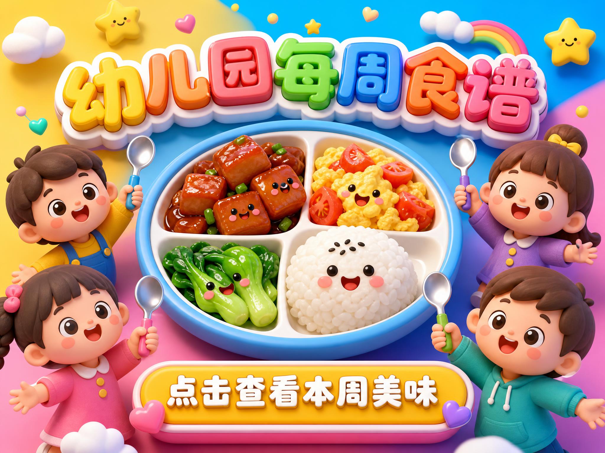 一张幼儿园食谱小程序分享封面图，3D萌趣立体风格，多彩撞色系。… - 图片创意预览