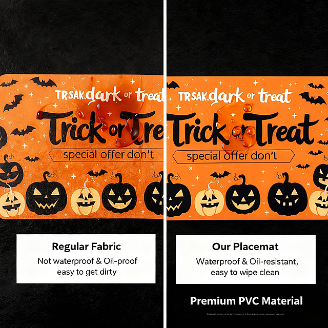 Based on the original left-right comparison picture, add the material description "Premium PVC Material" on a new line at the bottom of the white text box in the lower right of the right picture. Keep all original content (Halloween placemat pattern, oil effect, left picture text, background color, existing text "Waterproof & Oil-resistant, easy to wipe clean", composition) completely unchanged, maintain product appearance and color consistent with the original image, only add the new material English text, keep the font style consistent with the original text, the text is clear and readable, the layout remains neat, conforming to cross-border e-commerce main image specifications.