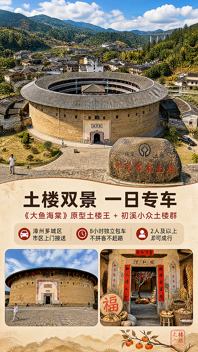 【第1张 价值头图页｜9:16竖版】
[商品] 使用【图2】承启楼俯瞰全景作为主视觉，完整保留圆形夯土外墙、灰黑瓦环形屋顶、三层环形圈层结构、中央祖堂、朱红门额、周边客家农舍与梯田；使用【图3】承启楼正立面与鹅卵石广场、屋檐红灯笼；使用【图1】入口鹅卵石广场上的"永定客家土楼"石刻与游客。保留建筑形状比例、环形结构、夯土墙暖土黄颜色、瓦面肌理、石刻与门额原有文字，仅做清晰化、透视矫正与光影融合，不得改写、新增或替换建筑本体文字。
[画面] 页面目标：首屏建立"世界遗产土楼 + 专车一日游"的价值感与产品全貌。构图骨架：竖向上下分层，上段约55%为承启楼俯瞰大远景主视觉（环形土楼主体居中，约占画面上半宽度60%），下段约45%为暖米色信息卡排版区。景别：俯拍大远景 + 正立面中景小图各一张作为角标插图。阅读动线自上而下。前中后景：近景绿植与鹅卵石地面，中景环形土楼与错落村落，后景青翠山峦、蓝天白云。
[视觉] 套系策略：风格=国潮人文旅行纪实商业摄影+现代扁平信息排版；标题字=现代无衬线粗黑体；正文字=清晰无衬线中等字重；主色=暖土黄（夯土墙色系）；背景延展=基于暖土黄做浅暖米、中土黄、深赭褐的深浅层级，叠加夯土肌理与宣纸质感；强调色=客家中国红（#C8322B），仅用于小面积图标、引线、标签、印章式角标；标题色=深墨棕；正文色=暖深灰；组件=圆角米白信息卡、细线引线、红色印章角标；光影=晴日暖自然光，逆光仅作轮廓光与背景光。
[文字] 全部文字仅横向排版。主标题（≤10字）："土楼双景 一日专车"。副标题："《大鱼海棠》原型土楼王 + 初溪小众土楼群"。3个横向标签卖点："漳州芗城区市区上门接送""8小时独立包车 不拼客不赶路""2人及以上即可成行"。文字区位于下段信息卡内，不遮挡土楼主体、门额与石刻。
[规格] 图片比例9:16竖版，4K，负向提示：避免变形、错字、繁体错字、竖排/旋转/斜排文字、单字竖列、文字过小、蚂蚁字、淘宝天猫等平台Logo与水印角标、二维码、站外导流文字、极限化用语、冷蓝冷灰作为背景或卡片主色、土楼结构失真、夯土墙颜色改变、虚构文字或数字。