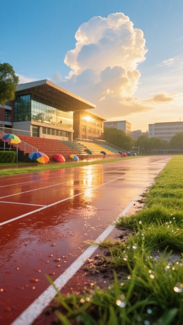 广角镜头，雨后清晨的中学校园，湿润的红色塑胶跑道在朝阳下泛着珍珠般的光泽，跑道线被雨水冲刷得格外洁白醒目，跑道两侧的青草叶尖垂着晶莹的露珠，远处的教学楼玻璃幕墙反射着初升的金色阳光，看台上散落着几把彩色雨伞，天空是洗练过的湛蓝，大朵的积雨云边缘镶着金边，空气中弥漫着青草与湿润泥土的清新气息，整个画面呈现出雨后特有的通透感和蓬勃的生命力。预览效果
