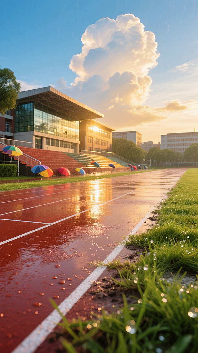 广角镜头，雨后清晨的中学校园，湿润的红色塑胶跑道在朝阳下泛着珍珠般的光泽，跑道线被雨水冲刷得格外洁白醒目，跑道两侧的青草叶尖垂着晶莹的露珠，远处的教学楼玻璃幕墙反射着初升的金色阳光，看台上散落着几把彩色雨伞，天空是洗练过的湛蓝，大朵的积雨云边缘镶着金边，空气中弥漫着青草与湿润泥土的清新气息，整个画面呈现出雨后特有的通透感和蓬勃的生命力。