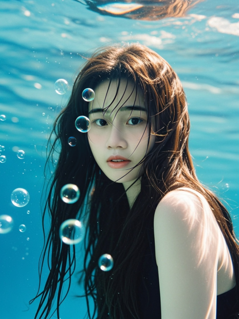 长发少女，水下写真，周围少量气泡装饰，正面视角，清透梦幻氛围，商业摄影预览效果