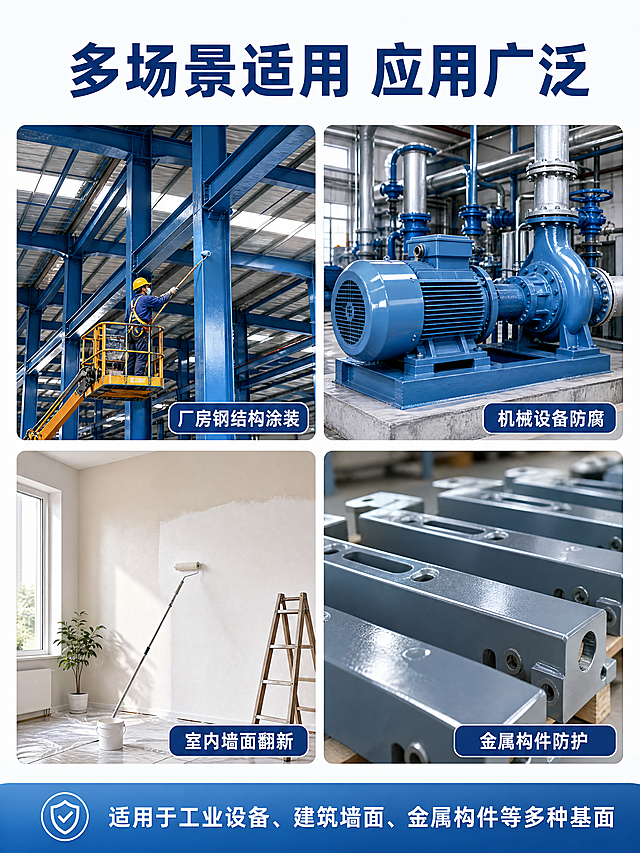 [第3屏] 适用场景展示，湘江水性工业涂料适配空间。
[氛围/风格] 实景拼贴风，干净明亮，专业展示，真实自然，商业摄影质感。
[元素布局] 顶部放置主标题，中部采用四宫格拼图，展示四个不同适用场景：1. 厂房钢结构涂装；2. 机械设备防腐；3. 室内墙面翻新；4. 金属构件防护。每个场景小图配文字标签说明。底部放浅蓝信息条总结适用范围。整体版式干净，每个场景独立展示不杂乱。
[光影质感] 每个场景图片光线均匀自然，明暗清晰，整体画面明亮通透。
[配色色系] 全局底色：#F8FAFC；主标题色：#1A4B8C；标签文字：#FFFFFF 配深蓝底。
[视角构图] 纵向构图，顶部标题，中部四宫格，底部信息条，结构清晰，阅读动线流畅。
[文字版式] 顶部主标题「多场景适用 应用广泛」深蓝色加粗；每个场景图右下角配圆角标签，白色文字标注场景名称；底部信息条写「适用于工业设备、建筑墙面、金属构件等多种基面」白色文字。文字大小适中，手机端清晰可读。
[比例分辨率] 宽高比3:4，1080×1440像素，4K分辨率，文字清晰可辨。
[负向提示词] 场景变形，文字模糊，排版混乱，配色杂乱，水印，极限词