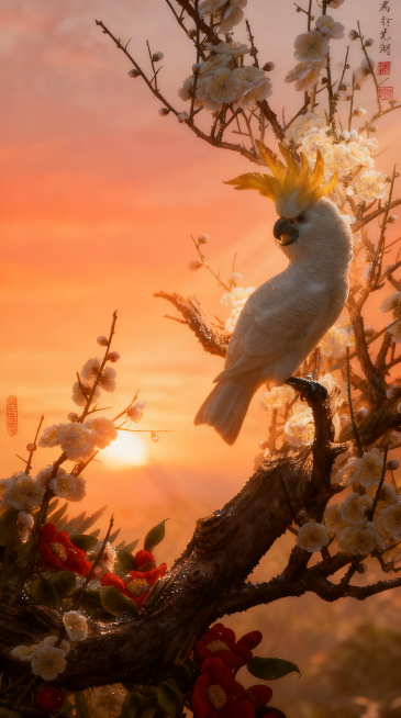 更改天空颜色，调整为清晨日出时分，添加早晨带露水的朝阳光线效果，保留原有鹦鹉花枝和所有景物细节不变预览效果