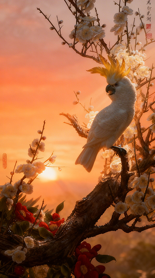 更改天空颜色，调整为清晨日出时分，添加早晨带露水的朝阳光线效果，保留原有鹦鹉花枝和所有景物细节不变